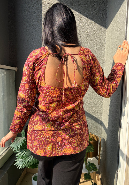 Rich Marron Full Sleeved Square neckline Short Kurti
