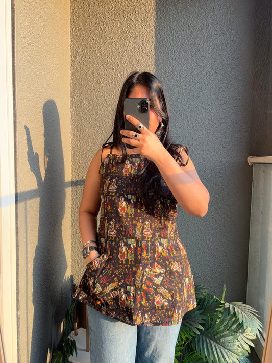 Black Fork Motif Spaghetti Strap Pocket Short Kurti
