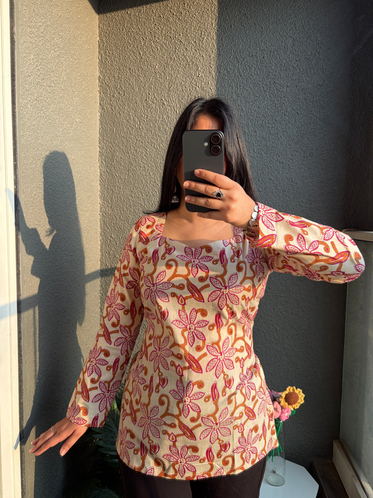 Ananya Full Sleeve Cream Pink Corset Short Kurti